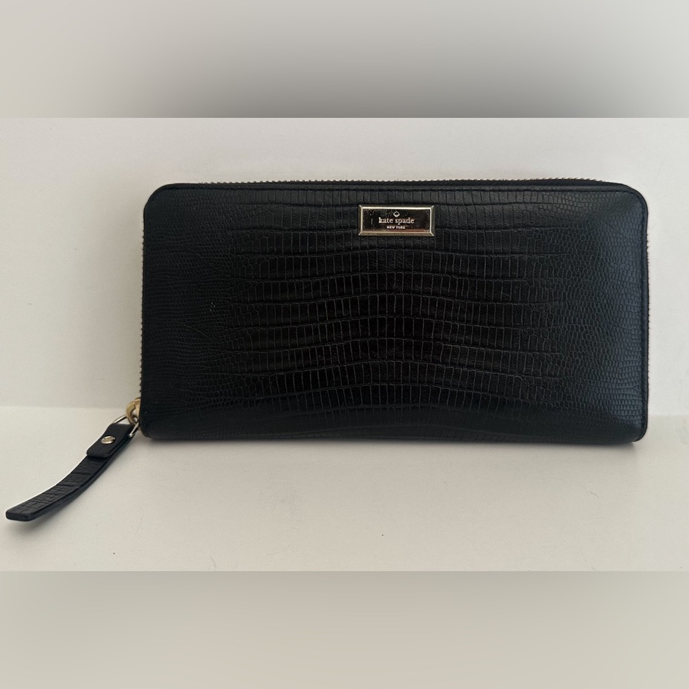 Kate Spade Black Croc-Embossed Zip Wallet